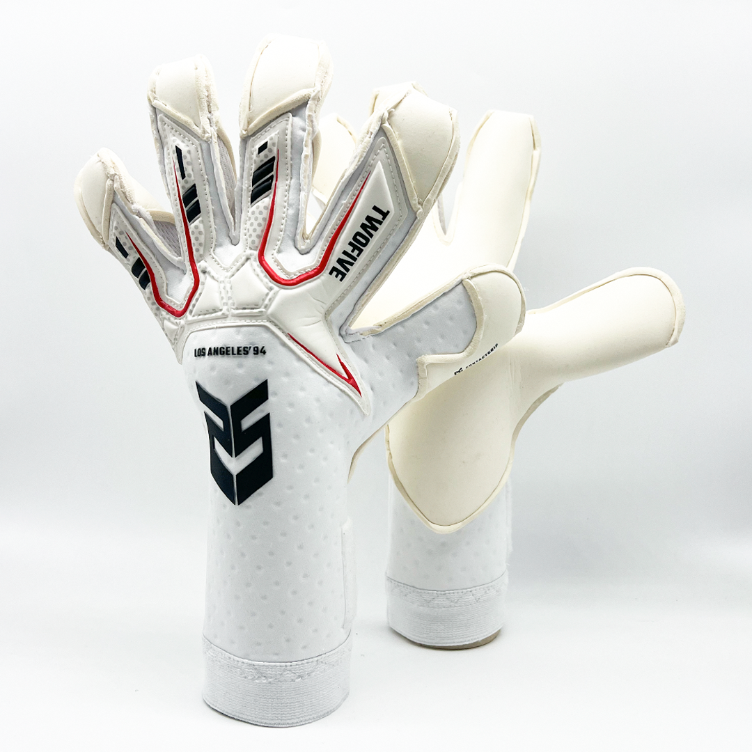 Guantes de Arquero Los Angeles '94 Contacgrip goalkeeper gloves in white with black and red accents, palm and back view.
