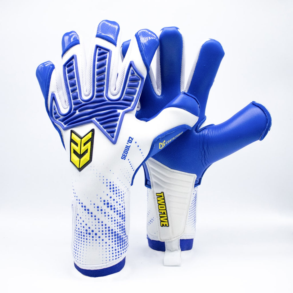 Guantes de Arquero Seoul '02 Blue Contacgrip soccer goalkeeper gloves in blue and white with yellow accents.