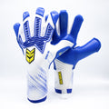 Guantes de Arquero Seoul '02 Blue Contacgrip soccer goalkeeper gloves in blue and white with yellow accents.