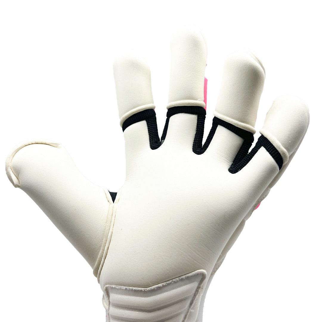 Guantes de Arquero Seoul '02 Pink Contacgrip goalkeeper glove in white with black and pink details, palm view.