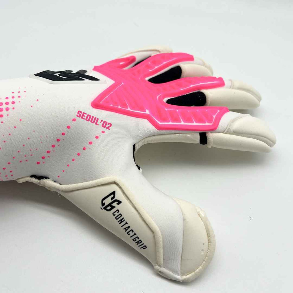 Guantes de Arquero Seoul '02 Pink Contacgrip goalkeeper glove with white base and pink protective elements