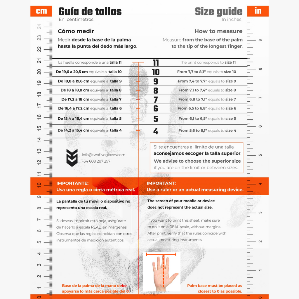 Size guide chart in centimeters and inches for Guantes de Arquero Atlanta'96 Blue Vapor Contacgrip goalkeeper gloves with measurement instructions.