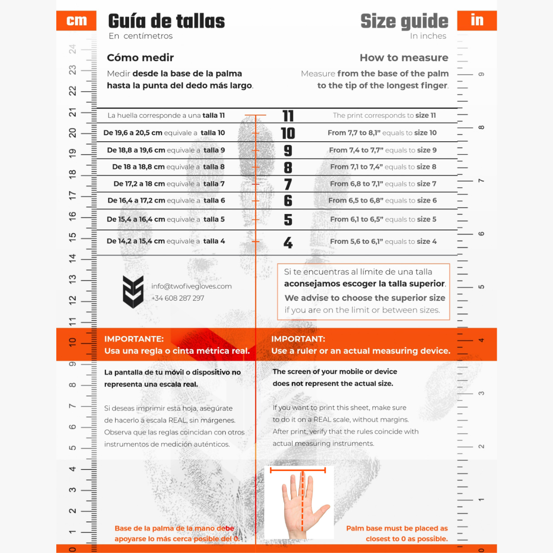 Size guide chart in centimeters and inches for Guantes de Arquero Atlanta'96 Blue Vapor Contacgrip goalkeeper gloves with measurement instructions.